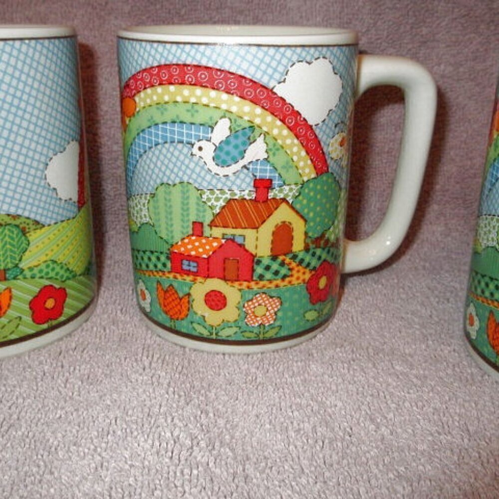 Vtg Otagiri Groovy Rainbow Stoneware Mugs Set Of 6 Butterfly Bird Japan MCM 70s